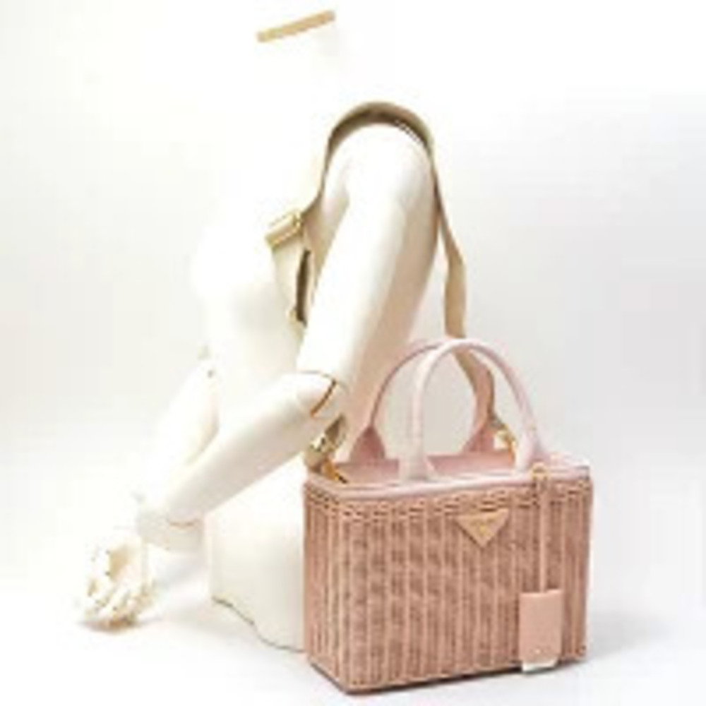 Prada Wicker Basket Bag Rattan Canvas Pesca Pink - Picture 4 of 10